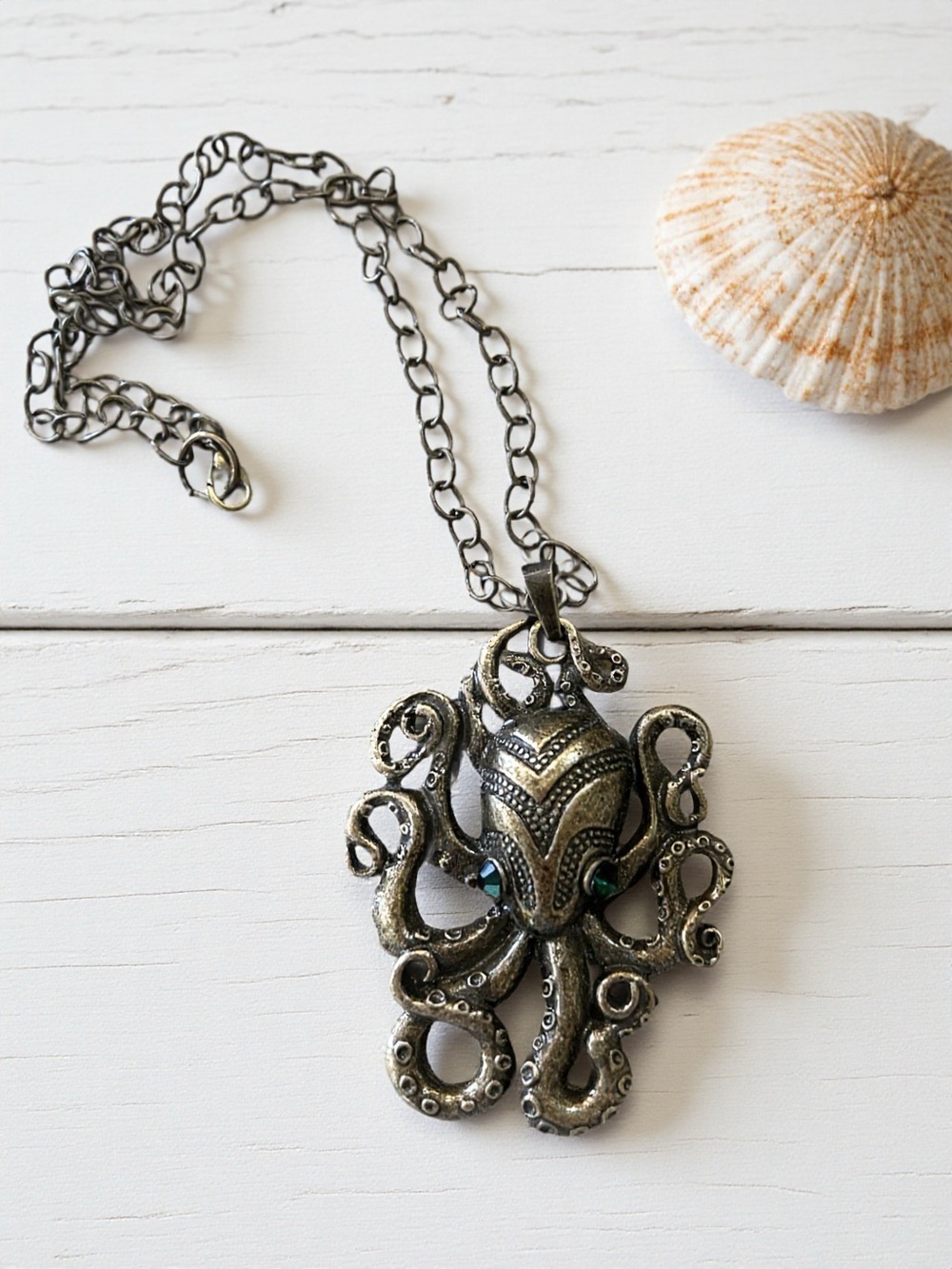 Bronze Octopus/Kraken Pendant Necklace with Green Accent Eyes - Picture 14 of 17